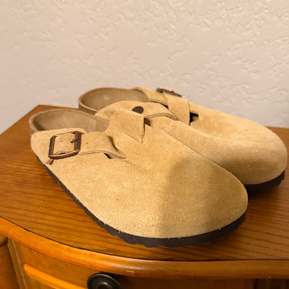 Birkenstock Beige Suede Clogs with Buckle